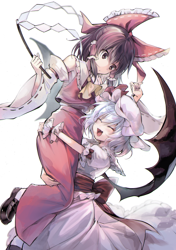 2girls :d ^_^ armpit_peek ascot bare_shoulders bat_wings black_footwear blue_hair blush bow brown_eyes brown_hair carrying closed_eyes detached_sleeves dress eyebrows_visible_through_hair fang feet_out_of_frame frilled_bow frilled_shirt_collar frills gohei hair_between_eyes hair_bow hair_tubes hakurei_reimu hat hat_ribbon height_difference holding hug image_sample japanese_clothes long_sleeves looking_at_another looking_down mary_janes miko mob_cap multiple_girls open_mouth puffy_short_sleeves puffy_sleeves red_ribbon red_sash red_skirt remilia_scarlet ribbon ribbon-trimmed_sleeves ribbon_trim sarashi sash shoes short_hair short_sleeves simple_background skirt smile standing touhou tumblr_sample white_background white_dress white_hat wide_sleeves wings wrist_cuffs yellow_neckwear yuki_(popopo) yuri