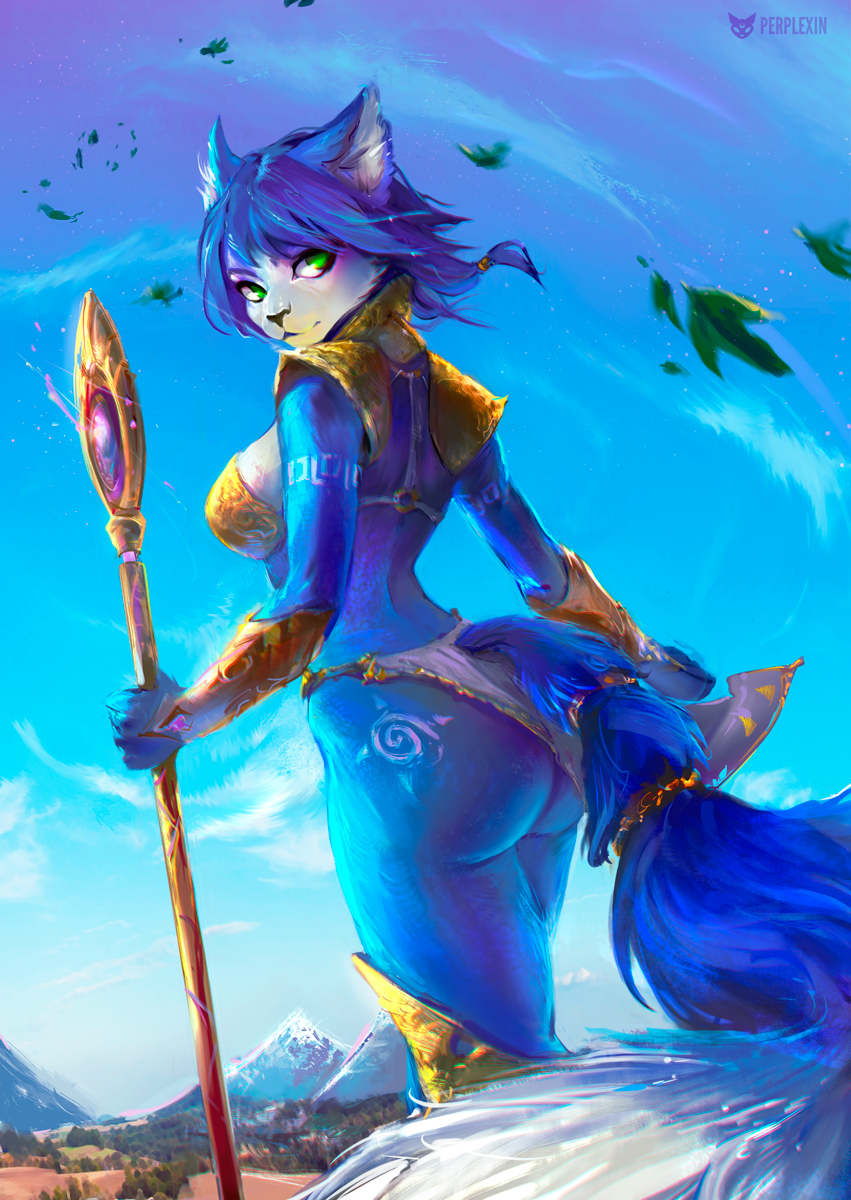 1girl animal_ears arm_at_side arm_tattoo armor artist_logo artist_name ass ass_tattoo back bikini_armor blue_hair blue_sky closed_mouth cowboy_shot day expressionless floating_hair fox_ears fox_girl fox_tail fur furry green_eyes highres holding holding_staff holding_weapon jewelry krystal leaf loincloth looking_at_viewer looking_back medium_hair mountainous_horizon outdoors outstretched_arm perplexin shoulder_armor sky snout solo spaulders staff star_fox tail tattoo vambraces walking weapon wind