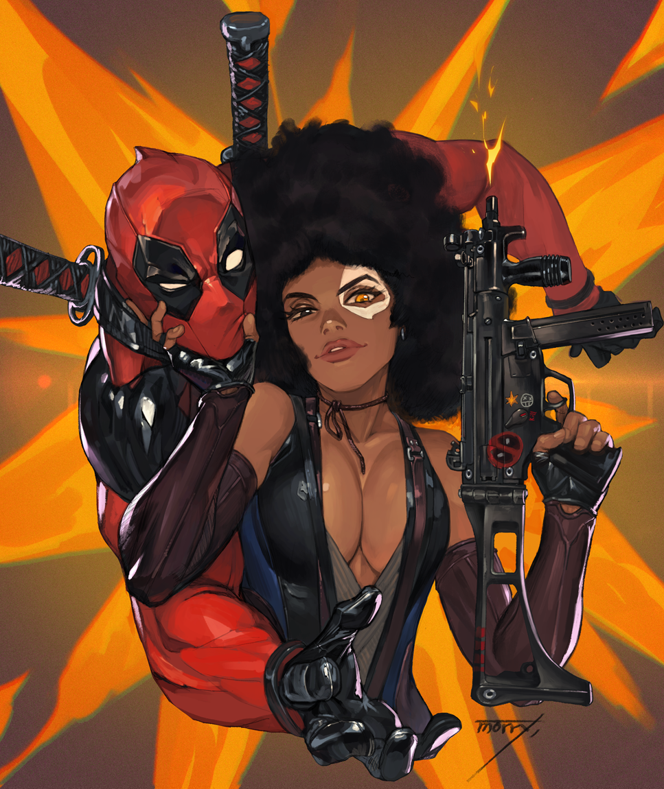 1boy 1girl afro bare_shoulders black_gloves black_hair bodysuit breasts brown_eyes cleavage dark_skin deadpool deadpool_(movie) deadpool_2 detached_sleeves domino_(marvel) facepaint fingerless_gloves firing gloves grabbing gun hand_on_another's_chin hands_up head_grab heterochromia holding holding_gun holding_weapon light_smile lips looking_at_viewer machine_gun marvel mask medium_hair muzzle_flash na_in-sung orange_eyes parted_lips shiny shiny_clothes signature sword sword_hilt upper_body vest weapon weapon_on_back