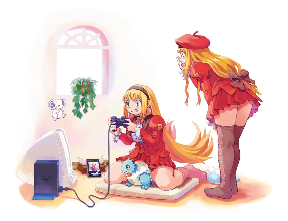 2girls :q blonde_hair game_console green_eyes hairband hand_on_own_face hat holding_controller juliet_sleeves leaning_forward long_hair long_sleeves low-tied_long_hair multiple_girls no_shoes pink_legwear playstation_2 pleated_skirt profile puffy_sleeves red_skirt ryoji_(nomura_ryouji) sitting skirt standing television thigh-highs tongue tongue_out wariza window