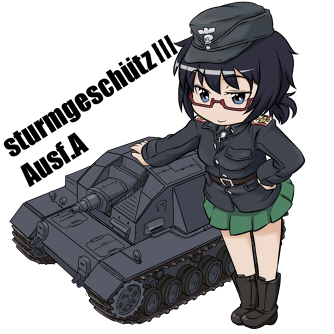 1girl black_hair caterpillar_tracks chibi girls_und_panzer glasses ground_vehicle lowres military military_uniform military_vehicle motor_vehicle oryou_(girls_und_panzer) self-propelled_gun sturmgeschutz_iii takanaga_kouhei tank uniform white_background