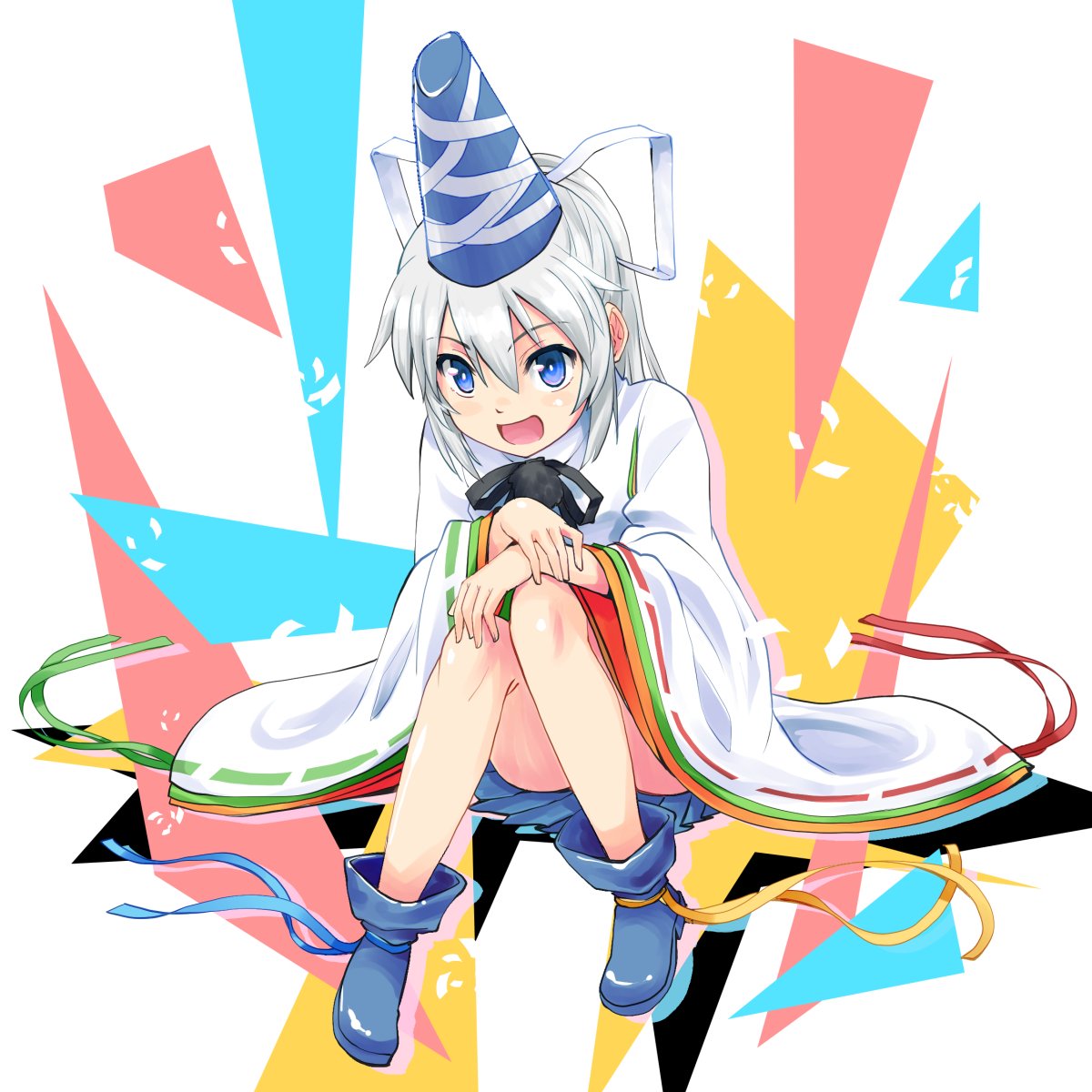 1girl blue_eyes blue_footwear blue_ribbon boots green_ribbon hands_on_own_knees haniwa_(leaf_garden) hat hat_ribbon highres japanese_clothes kariginu long_hair long_sleeves looking_at_viewer mononobe_no_futo open_mouth ponytail red_ribbon ribbon ribbon-trimmed_sleeves ribbon_trim shoe_ribbon sitting skirt smile solo tate_eboshi touhou white_hair white_ribbon wide_sleeves yellow_ribbon