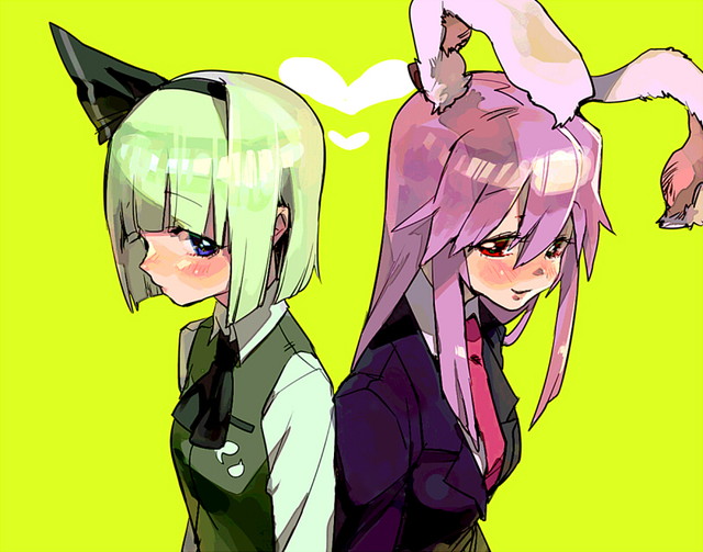 2girls alternate_hair_color animal_ears ascot back-to-back bangs black_hairband black_neckwear blazer blunt_bangs blush closed_mouth collared_shirt eyebrows_visible_through_hair green_background green_hair green_vest hair_between_eyes hairband jacket konpaku_youmu long_hair mafuyu_hemp multiple_girls necktie pink_neckwear purple_hair purple_jacket rabbit_ears red_eyes reisen_udongein_inaba shirt short_hair sidelocks smile straight_hair touhou upper_body vest violet_eyes white_shirt