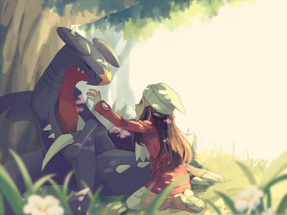 1girl against_tree black_hair coat crossed_arms daisy day flower garchomp grass hat hikari_(pokemon) kneeling komasawa_(fmn-ppp) long_hair outdoors pink_footwear pokemon pokemon_(creature) pokemon_(game) pokemon_dppt red_coat sitting sleeping thigh-highs tree white_flower white_hat white_legwear