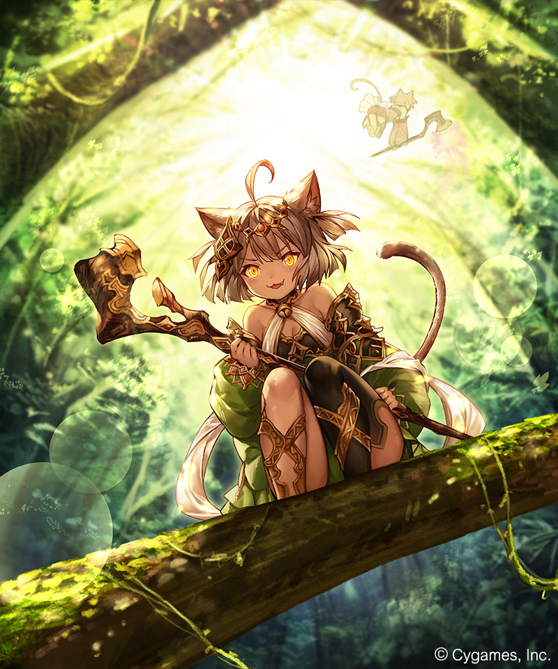 2girls :3 ahoge animal_ears backlighting bangs bare_shoulders bell bell_choker black_choker black_legwear breasts cat_ears cat_girl cat_tail choker cleavage collarbone company_name cygames day detached_sleeves dress eyebrows_visible_through_hair facing_away fang forest from_below full_body glowing glowing_eyes green_dress grey_hair hair_ornament hairband halterneck holding jingle_bell jumping lens_flare long_sleeves looking_at_viewer madogawa medium_hair moss multiple_girls nature official_art open_mouth outdoors plant puffy_sleeves red_dress shadowverse shama_(shadowverse) shamu_(shadowverse) single_thighhigh small_breasts smile squatting staff sunlight tail thigh-highs tree two-handed v-shaped_eyebrows vines yellow_eyes