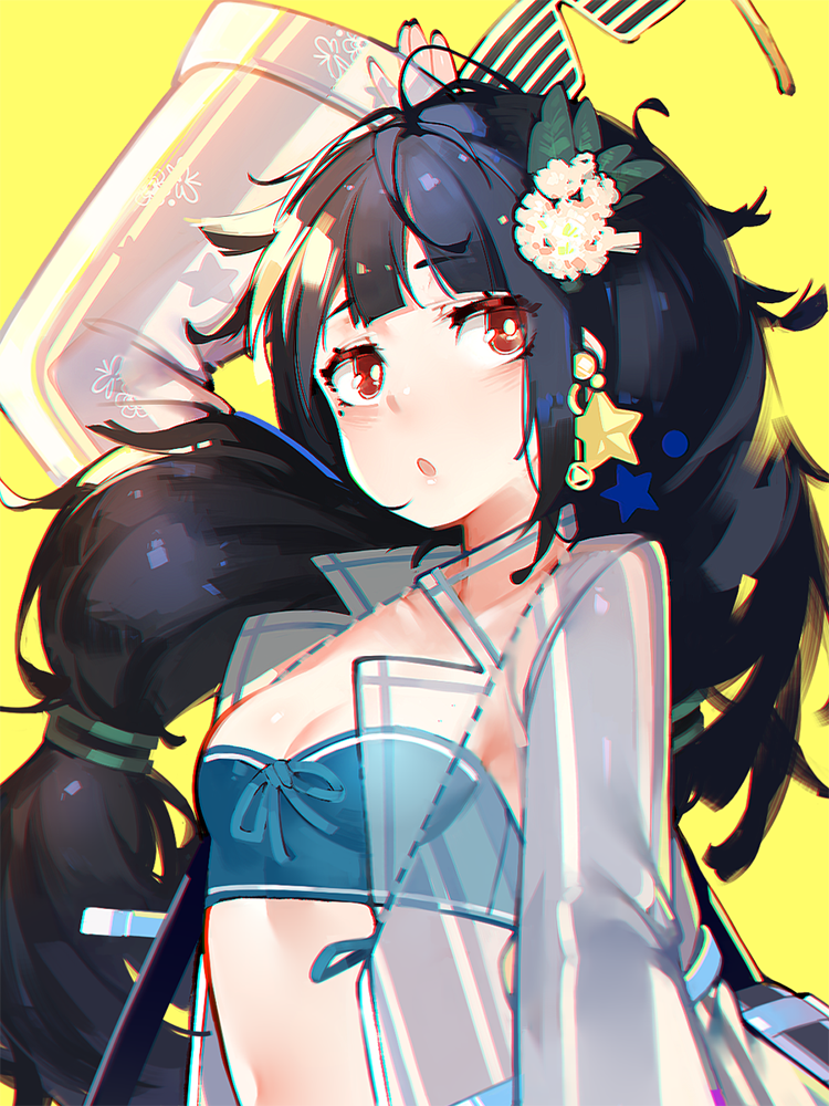 1girl ahoge bangs bikini black_hair c-ms_(girls_frontline) casual girls_frontline looking_away mania_(fd6060_60) mole mole_under_eye open_clothes red_eyes solo standing swimsuit tagme