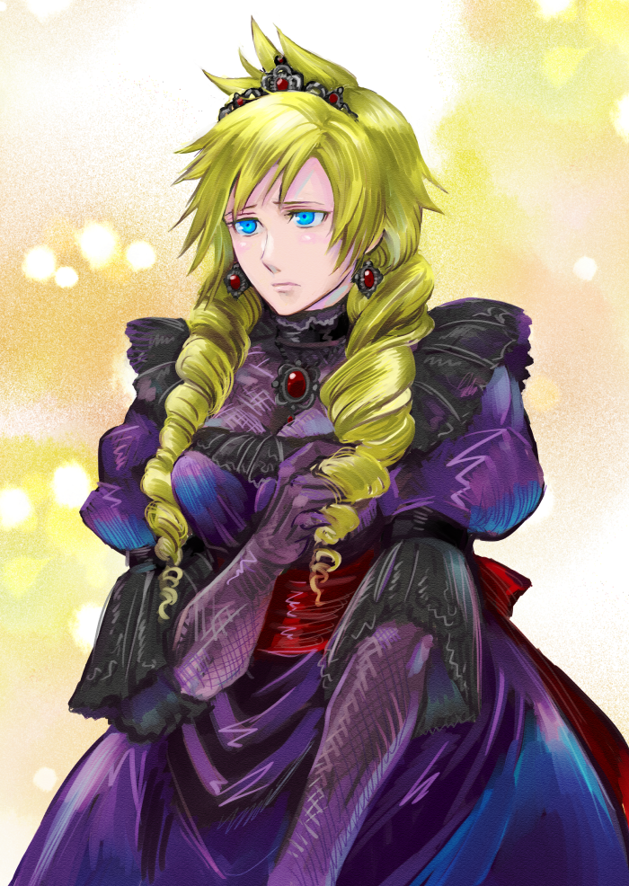 1boy blonde_hair blue_eyes braid cloud_strife commentary_request crossdressinging dress final_fantasy final_fantasy_vii sio2_(nisankakeiso) solo tiara twin_braids