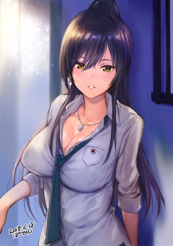 1girl black_hair bowcan breasts cleavage collarbone dated dress_shirt earrings idolmaster idolmaster_shiny_colors jewelry long_hair necklace necktie parted_lips ponytail school_uniform shirase_sakuya shirt signature sleeves_rolled_up solo yellow_eyes