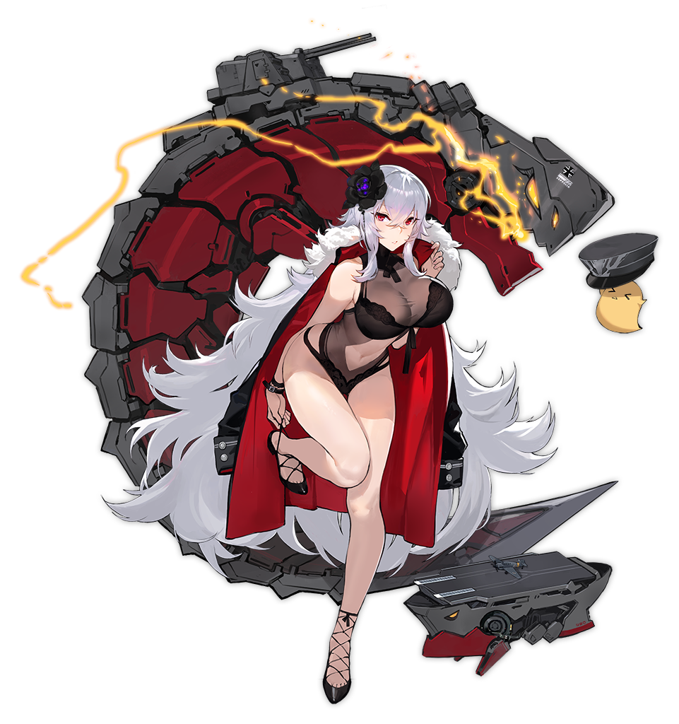 1girl azur_lane bare_legs bare_shoulders blush breasts cape cleavage collarbone electricity eyebrows_visible_through_hair full_body graf_zeppelin_(azur_lane) grey_hair hat hat_removed headwear_removed high_heels kishiyo large_breasts long_hair looking_at_viewer navel official_art parted_lips red_eyes solo transparent_background
