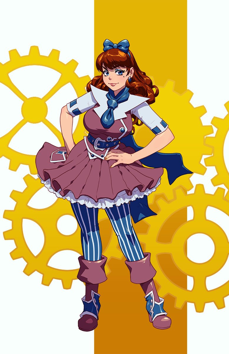 1girl bangs bliss_barson blue_bow blue_eyes blue_neckwear boots bow breasts brown_hair contrapposto cryamore curly_hair eyeshadow full_body gears hair_bow hands_on_hips highres large_breasts long_hair looking_at_viewer makeup mole mole_under_eye robert_porter short_sleeves smile solo standing striped striped_legwear vertical_stripes