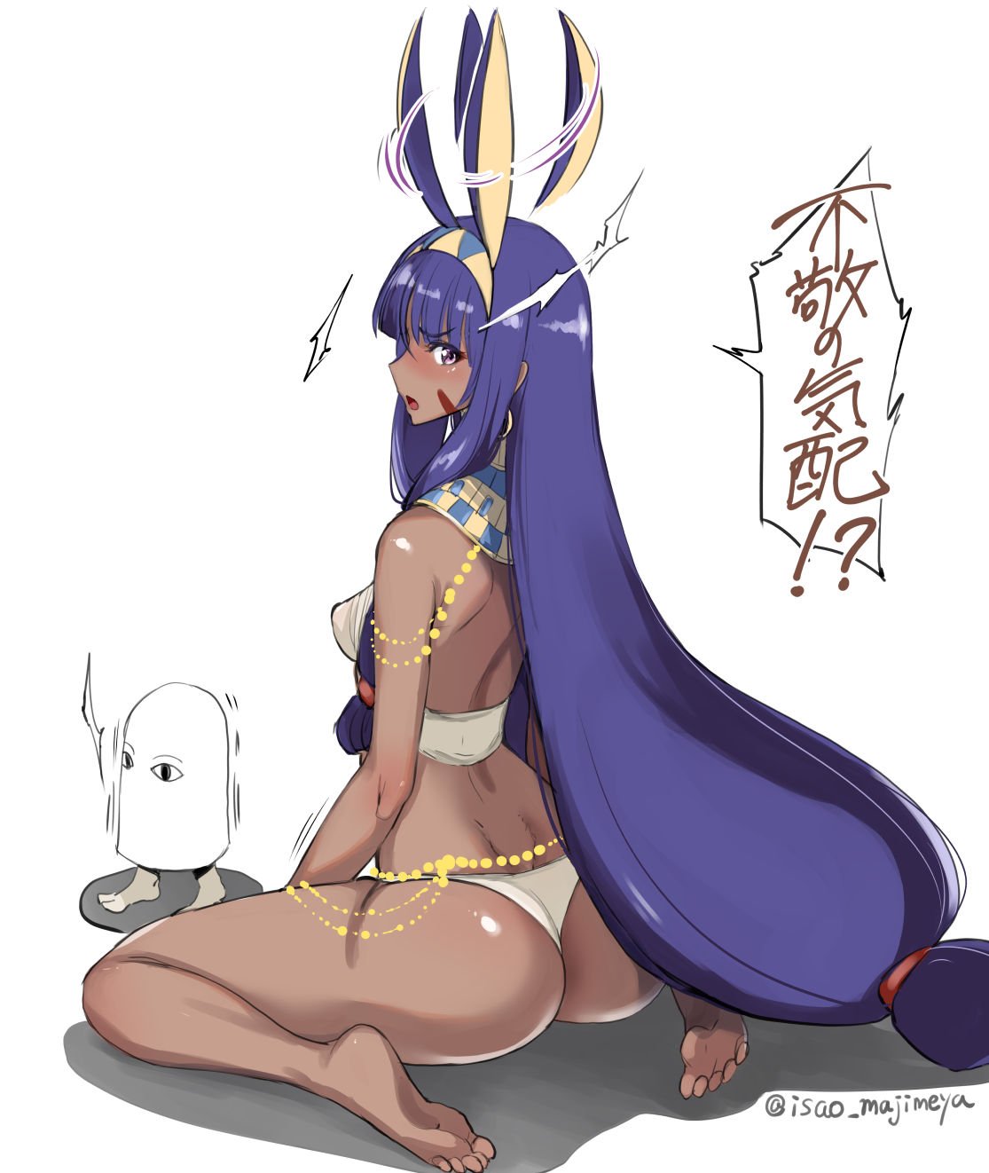 &lt;o&gt;_&lt;o&gt; 1girl animal_ears ass barefoot blush breasts dark_skin earrings egyptian egyptian_clothes eyebrows_visible_through_hair facepaint facial_mark fate/grand_order fate_(series) hairband highres hoop_earrings isao jackal_ears jewelry long_hair looking_back low-tied_long_hair medjed nitocris_(fate/grand_order) open_mouth purple_hair sideboob sidelocks sitting translated twitter_username very_long_hair violet_eyes wariza