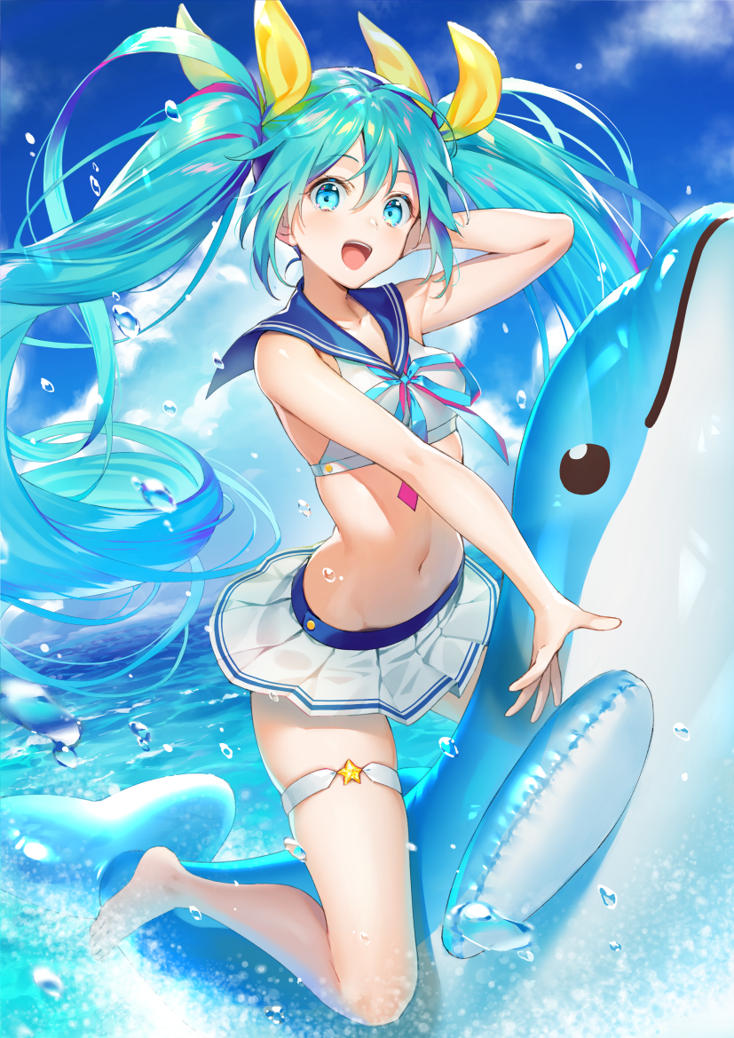 1girl :d aqua_eyes aqua_hair bikini_skirt clouds hair_between_eyes hair_ribbon hatsune_miku inflatable_dolphin inflatable_toy long_hair looking_at_viewer navel open_mouth outdoors ribbon sailor_collar sky smile solo thigh_strap tokki twintails very_long_hair vocaloid water