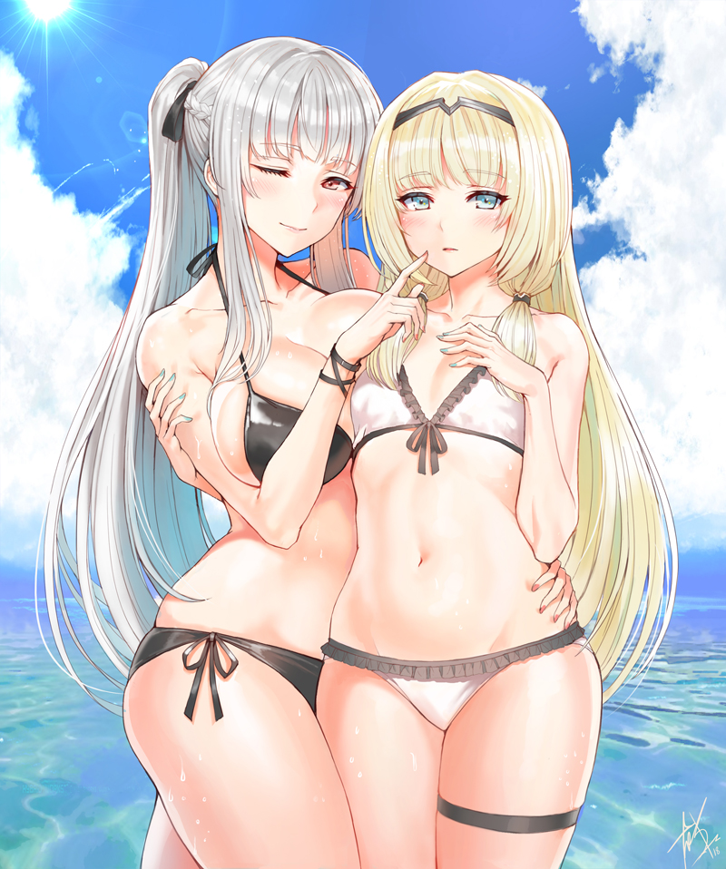 ak-12_(girls_frontline) alternate_costume alternate_hairstyle an-94_(girls_frontline) arm_around_waist bangs beach bikini black_bikini blonde_hair blue_eyes blue_nails blue_sky blush braid breasts cleavage closed_mouth clouds collarbone day eyebrows_visible_through_hair french_braid girls_frontline hair_ribbon hairband hand_on_another's_arm long_hair looking_at_viewer medium_breasts multiple_girls nail_polish ocean one_eye_closed open_mouth outdoors ponytail red_eyes red_nails ribbon side-tie_bikini sidelocks signature silver_hair skindentation sky small_breasts smile sun sunlight swimsuit taesi thigh_strap tress_ribbon very_long_hair wet
