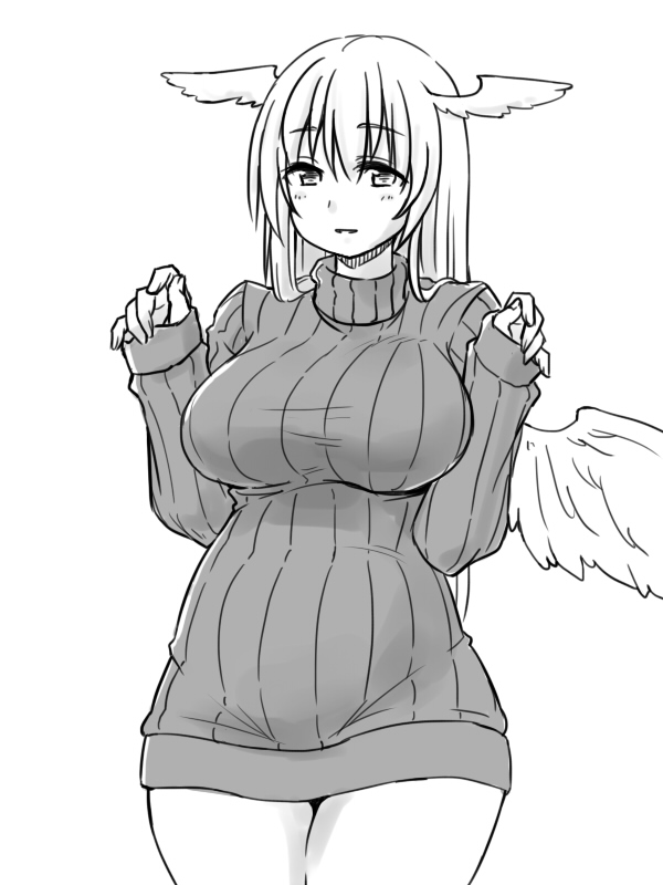 1girl breasts commentary_request final_fantasy final_fantasy_tactics groin head_wings large_breasts long_hair solo steepled_fingers sweater takomeshi