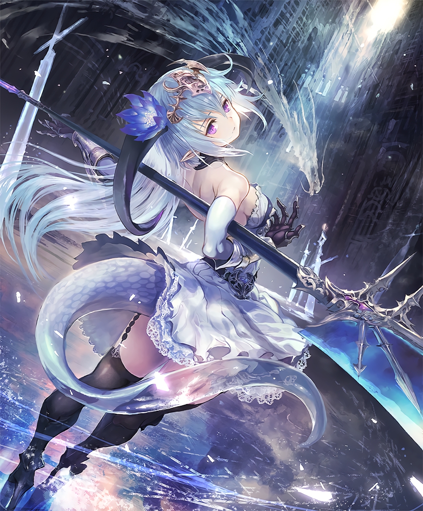 1girl artist_request backless_outfit blue_hair circlet cygames dragon dragon_girl dragon_horns dragon_tail expressionless flower frilled_skirt frills gauntlets hair_flower hair_ornament horns long_hair looking_at_viewer looking_back official_art pointy_ears polearm ruins shadowverse skirt solo tail thigh-highs violet_eyes weapon whitefrost_dragonewt_filene