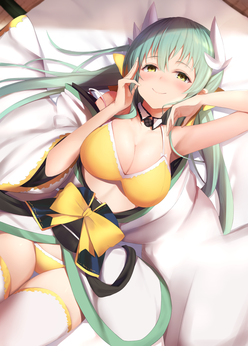 1girl arm_up armpits bangs bare_arms bare_shoulders bed bed_sheet bikini blush bow bow_bikini breasts cleavage closed_mouth collarbone commentary_request detached_collar dragon_horns dutch_angle eyebrows_visible_through_hair fate/grand_order fate_(series) from_above green_hair hair_between_eyes hair_bow hair_ribbon half-closed_eyes hand_up head_tilt highres horns indoors japanese_clothes kimono kiyohime_(fate/grand_order) kiyohime_(swimsuit_lancer)_(fate) large_breasts long_hair long_sleeves looking_at_viewer lying maosame obi on_back on_bed open_clothes open_kimono ribbon sash shade smile solo strap_slip sunlight swimsuit thigh-highs thigh_gap white_bow white_kimono white_legwear wide_sleeves yellow_bikini yellow_eyes yellow_ribbon