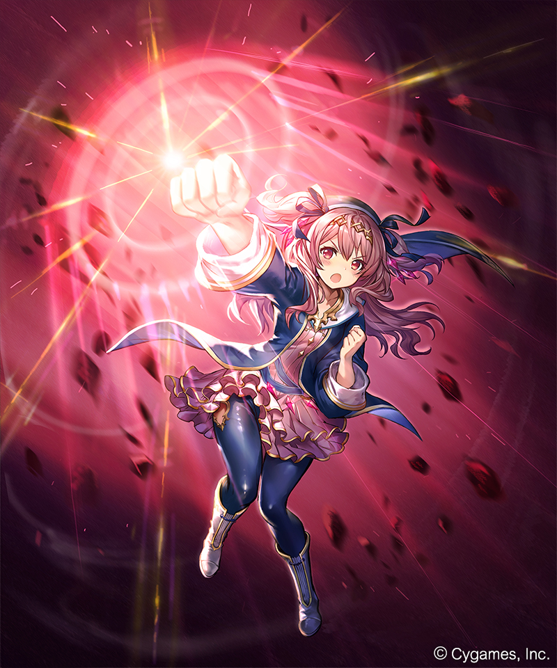 1girl :o attack bangs black_jacket black_pants black_ribbon blush boots clenched_hands collarbone company_name cygames diffraction_spikes dress eyebrows_visible_through_hair floating_hair foreshortening full_body gem glowing hair_between_eyes hair_ribbon hairband hand_up jacket knee_boots layered_dress long_hair long_sleeves looking_at_viewer lorena_(shadowverse) madogawa magic official_art open_clothes open_jacket open_mouth outstretched_arm pants pink_background pink_dress pink_eyes pink_hair ribbon rock serious shadowverse short_dress sidelocks solo striped striped_dress two_side_up v-shaped_eyebrows veil vertical-striped_dress vertical_stripes wavy_hair white_footwear wide_sleeves