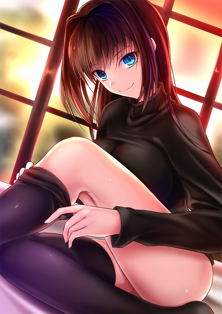 1girl akeyama_kitsune aozaki_aoko black_legwear black_shirt blue_eyes bottomless breasts brown_hair large_breasts long_hair long_sleeves looking_at_viewer mahou_tsukai_no_yoru shirt sitting smile solo thigh-highs undressing window