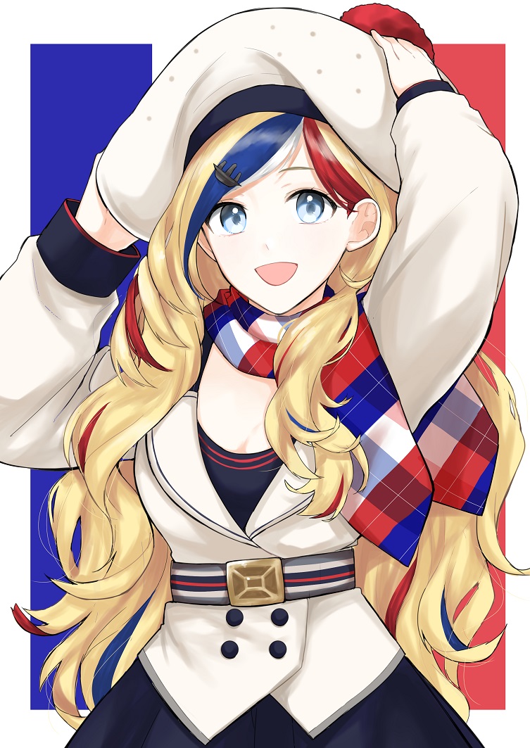 1girl :d beret black_skirt blonde_hair blue_eyes blue_hair buttons commandant_teste_(kantai_collection) commentary_request flag_background french_flag hat jacket kantai_collection long_hair long_sleeves morinaga_miki multicolored multicolored_clothes multicolored_hair multicolored_scarf open_mouth pleated_skirt pom_pom_(clothes) redhead scarf skirt smile solo streaked_hair white_hair white_hat white_jacket