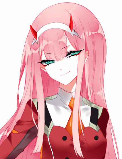 1girl breasts chinese_commentary commentary_request darling_in_the_franxx eyebrows_visible_through_hair green_eyes hair_between_eyes hairband head_tilt horns jacket long_hair long_sleeves looking_at_viewer medium_breasts military military_uniform necktie orange_neckwear pink_hair red_horns red_jacket sheya sidelocks simple_background smile solo uniform upper_body white_background white_hairband zero_two_(darling_in_the_franxx)