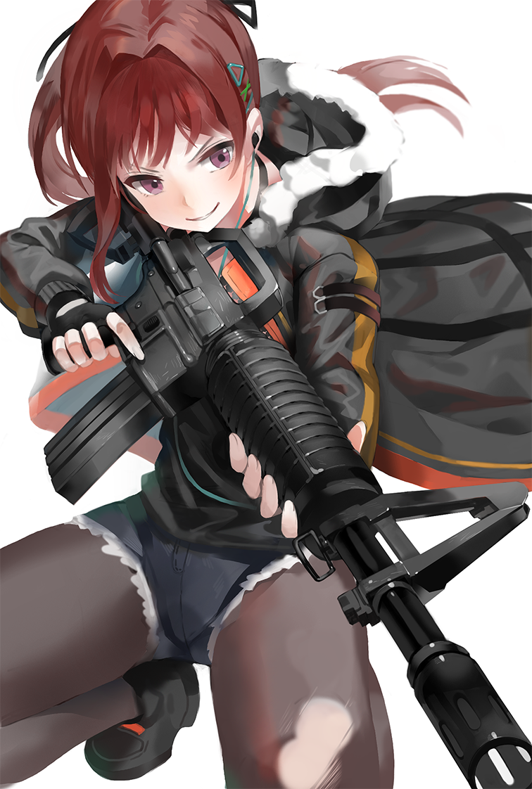 1girl bow car-15 coat commentary_request denim denim_shorts earphones earphones fingerless_gloves gloves grin gun hair_bow hair_ornament hairclip holding holding_weapon hood hood_down kfr long_sleeves open_clothes open_coat original pantyhose pantyhose_under_shorts parka ponytail red_eyes redhead rifle shorts sidelocks smile solo squatting torn_clothes torn_pantyhose weapon white_background