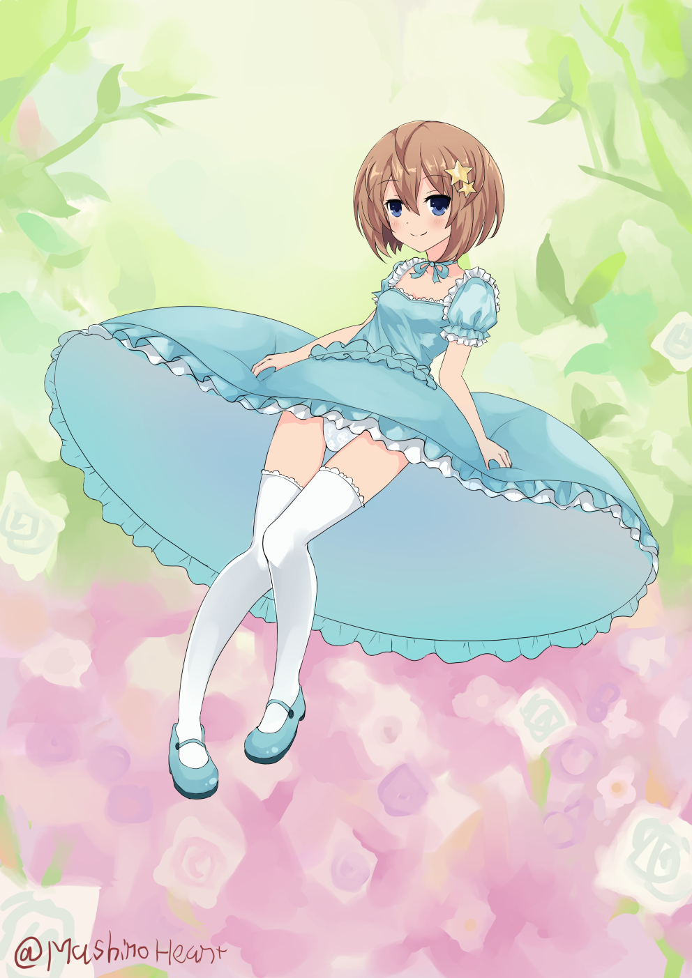 1girl blanc blue_dress blue_eyes blue_footwear blush brown_hair commentary commentary_request dress full_body hair_between_eyes hair_ornament highres knees_together_feet_apart looking_at_viewer mary_janes mashiroheart neptune_(series) panties shoes short_hair smile solo star star_hair_ornament thigh_gap underwear upskirt white_legwear white_panties