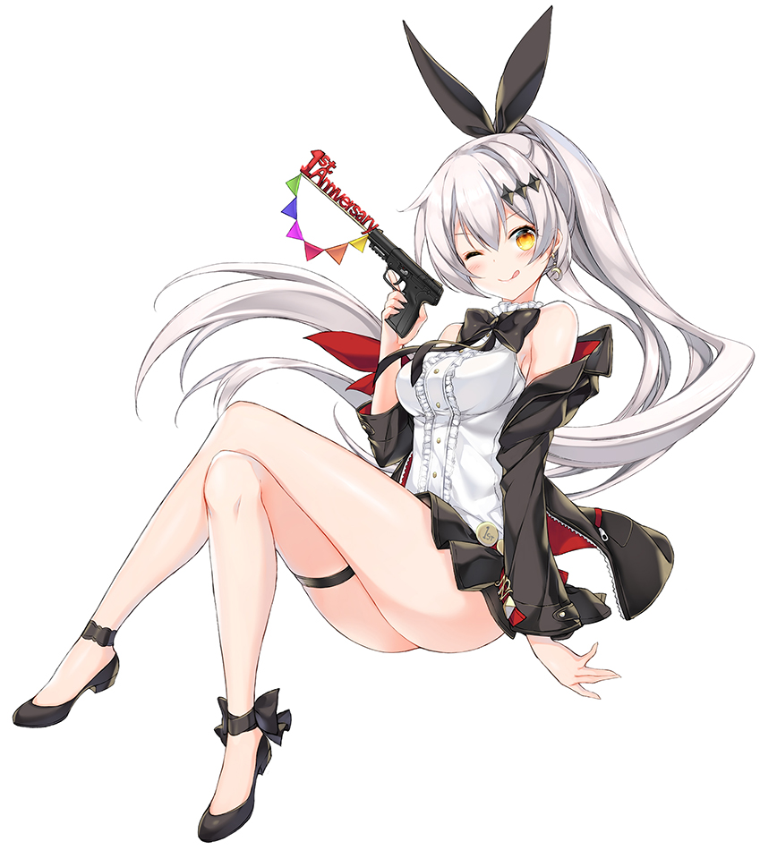 1girl ;q anniversary arm_ribbon bangs bare_shoulders black_jacket black_ribbon blouse blush bow bowtie breasts cleavage closed_mouth eyebrows_visible_through_hair five-seven_(girls_frontline) five-seven_(gun) floating_hair full_body girls_frontline gun hair_ornament hair_ribbon handgun holding holding_gun holding_weapon jacket jewelry juna large_breasts long_hair looking_at_viewer miniskirt neck_ribbon off_shoulder one_eye_closed pleated_skirt ponytail red_ribbon ribbon sidelocks silver_hair simple_background sitting skindentation skirt sleeveless_blouse smile solo thigh_strap tongue tongue_out trigger_discipline very_long_hair weapon white_background yellow_eyes