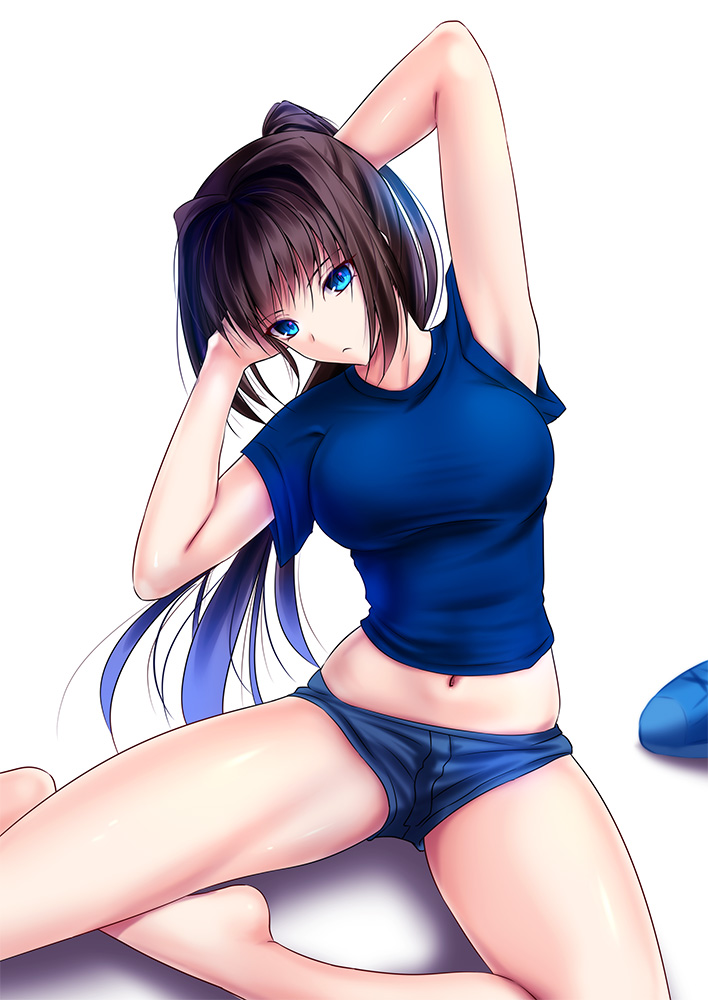 1girl akeyama_kitsune aozaki_aoko arms_behind_head barefoot blue_eyes breasts brown_hair exercise large_breasts long_hair mahou_tsukai_no_yoru midriff navel ponytail shirt short_shorts shorts solo taut_clothes taut_shirt