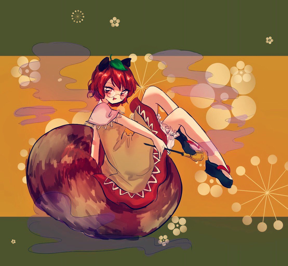 1girl animal_ears brown_eyes brown_hair fukufukupine futatsuiwa_mamizou glasses leaf leaf_on_head looking_at_viewer open_mouth pipe raccoon_ears raccoon_tail red_skirt sandals shirt short_hair skirt sleeveless sleeveless_shirt smile solo tail touhou