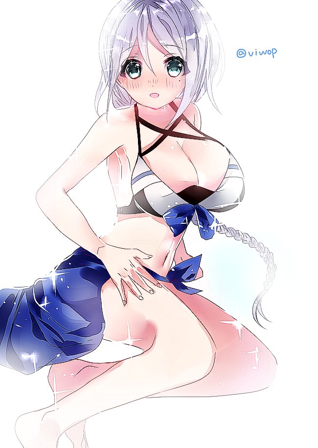 1girl blue_eyes blush breasts eyebrows_visible_through_hair hair_between_eyes kantai_collection large_breasts long_hair looking_at_viewer open_mouth ponytail simple_background solo swimsuit twitter_username umikaze_(kantai_collection) underwear viwop white_background