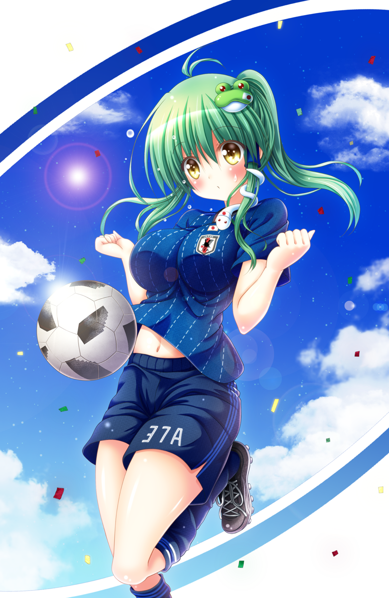 1girl ball blue_shirt blue_shorts blue_sky blush breasts clouds commentary_request confetti frog_hair_ornament green_hair hair_ornament highres japanese_flag kochiya_sanae lens_flare midriff_peek navel osashin_(osada) shirt shorts side_ponytail sky snake_hair_ornament soccer_ball soccer_uniform solo sportswear sweatdrop touhou world_cup yellow_eyes