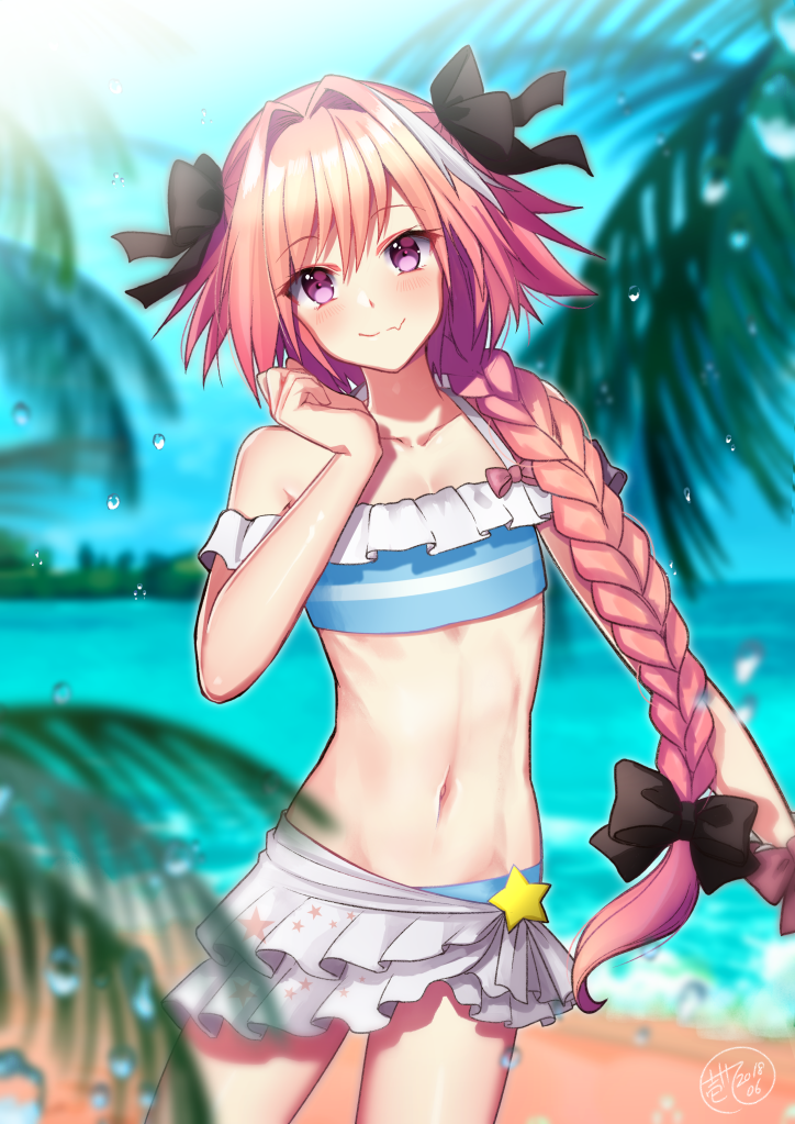 1boy astolfo_(fate) beach black_bow bow braid closed_mouth commentary_request dated day eyebrows_visible_through_hair fate/apocrypha fate/extella_link fate/grand_order fate_(series) frilled_swimsuit frills hair_bow ittokyu long_hair looking_at_viewer male_focus navel ocean outdoors pink_hair signature single_braid smile solo standing swimsuit trap violet_eyes