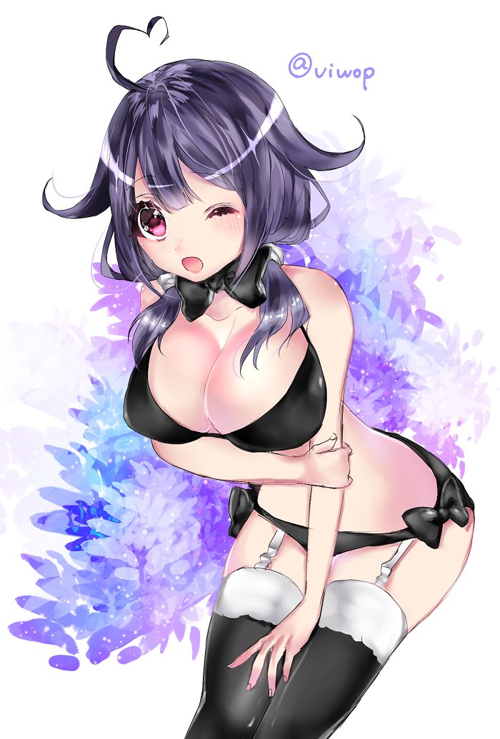 1girl black_legwear black_swimsuit blush breasts eyebrows_visible_through_hair floral_background hair_between_eyes hair_ornament kantai_collection large_breasts long_hair looking_at_viewer one_eye_closed open_mouth purple_hair red_eyes solo swimsuit taigei_(kantai_collection) thigh-highs twitter_username underwear viwop
