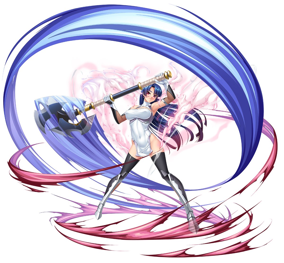 00s 1girl armpits aura axe bare_shoulders battle_axe black_legwear blue_hair bodysuit boots breasts cleavage covered_navel curvy dress elbow_gloves female fishnets full_body gloves highres holding holding_weapon huge_weapon injury kagami_hirotaka large_breasts lilith-soft long_hair looking_at_viewer no_bra official_art pelvic_curtain pink_eyes ponytail red_eyes scar shiny shiny_hair shiny_skin short_dress simple_background slashing sleeveless smile solo standing taimanin_(series) taimanin_asagi taimanin_asagi_zero taimanin_murasaki thigh-highs turtleneck underwear very_long_hair weapon white_background yatsu_murasaki