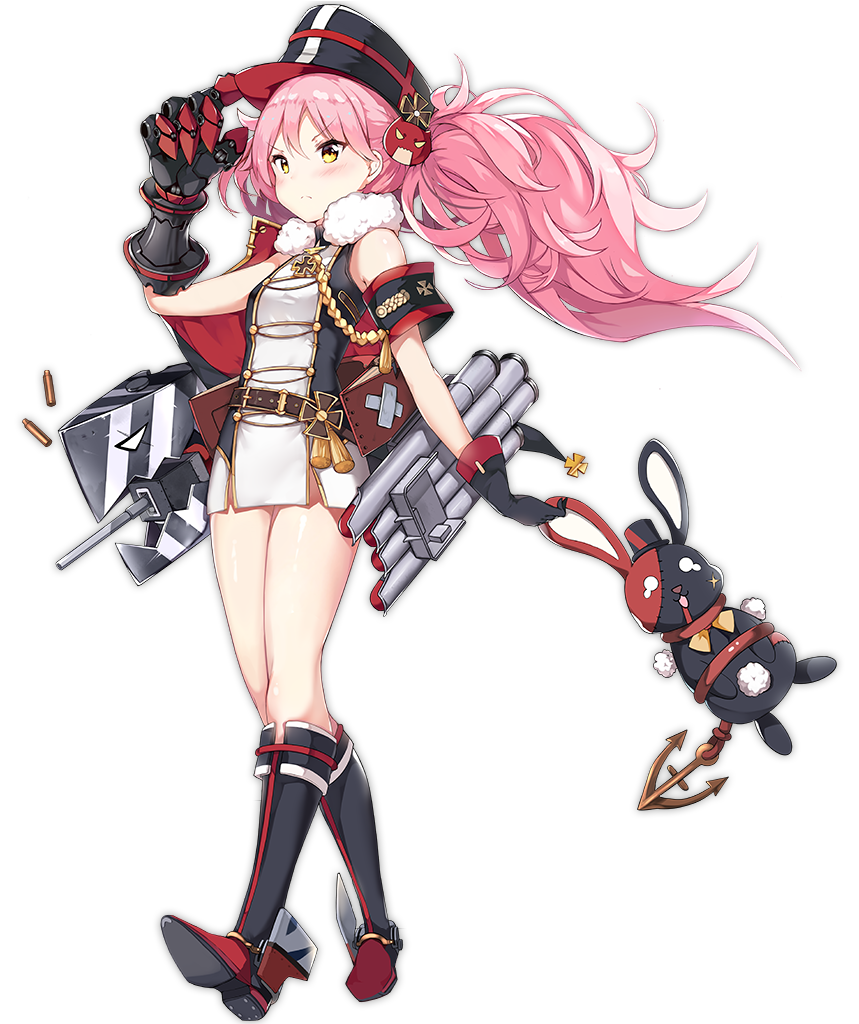 &gt;:( 1girl armband azur_lane black_footwear black_gloves black_hat boots boqboq breasts closed_mouth eyebrows_visible_through_hair frown full_body gloves hat holding holding_stuffed_animal knee_boots looking_at_viewer mechanical_arm medium_breasts official_art pink_hair ponytail shell_casing solo stuffed_animal stuffed_bunny stuffed_toy transparent_background yellow_eyes z25_(azur_lane)