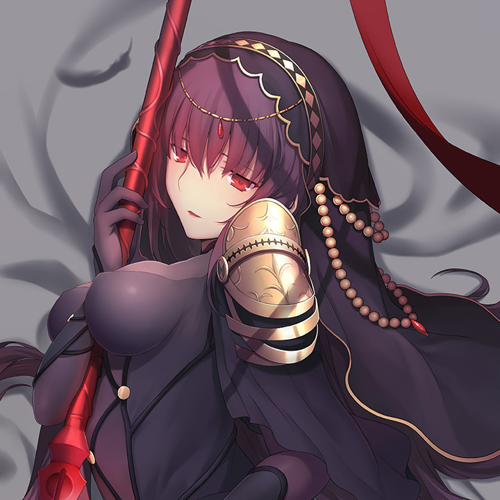 1girl bed_sheet between_breasts bodysuit breasts breasts_apart brown_hair erect_nipples fate/grand_order fate_(series) gae_bolg hair_between_eyes holding holding_weapon jewelry long_hair lying medium_breasts on_side open_mouth red_eyes scathach_(fate/grand_order) solo spaulders upper_body utdream veil weapon