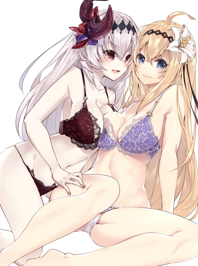 218 2girls ahoge bare_shoulders blonde_hair blue_eyes bra breasts dark_jeanne dual_persona feathers flower granblue_fantasy groin hair_feathers hair_flower hair_ornament jeanne_d'arc_(granblue_fantasy) large_breasts lingerie looking_at_viewer multiple_girls navel open_mouth pale_skin red_eyes simple_background smile underwear white_background white_hair