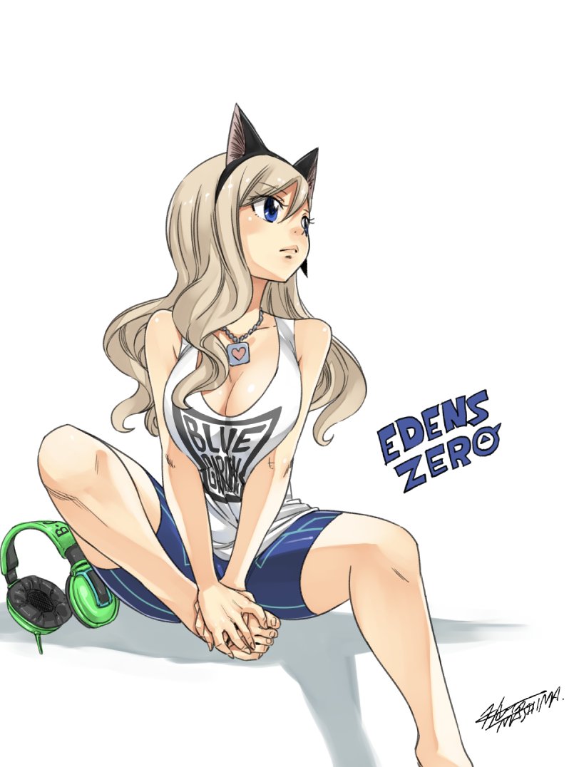 1girl animal_ears bangs barefoot bike_shorts black_hairband blue_eyes blue_shorts breasts cat_ears cleavage collarbone copyright_name eden's_zero eyebrows_visible_through_hair fake_animal_ears hair_between_eyes hairband hands_on_feet headphones headphones_removed heart heart_print jewelry large_breasts long_hair looking_to_the_side mashima_hiro necklace official_art parted_bangs print_shirt rebecca_(eden's_zero) shiny shiny_hair shirt short_shorts shorts signature silver_hair simple_background sleeveless sleeveless_shirt solo white_background white_shirt