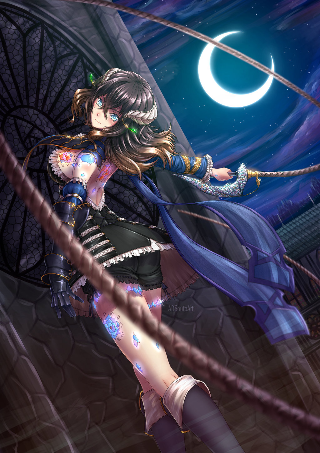 1girl adsouto asymmetrical_clothes backless_dress backless_outfit black_hair bloodstained:_ritual_of_the_night blue_eyes breasts crescent_moon crystal detached_sleeves dress highres horns jewelry large_breasts miriam_(bloodstained) moon night shorts sideboob tagme tattoo whip