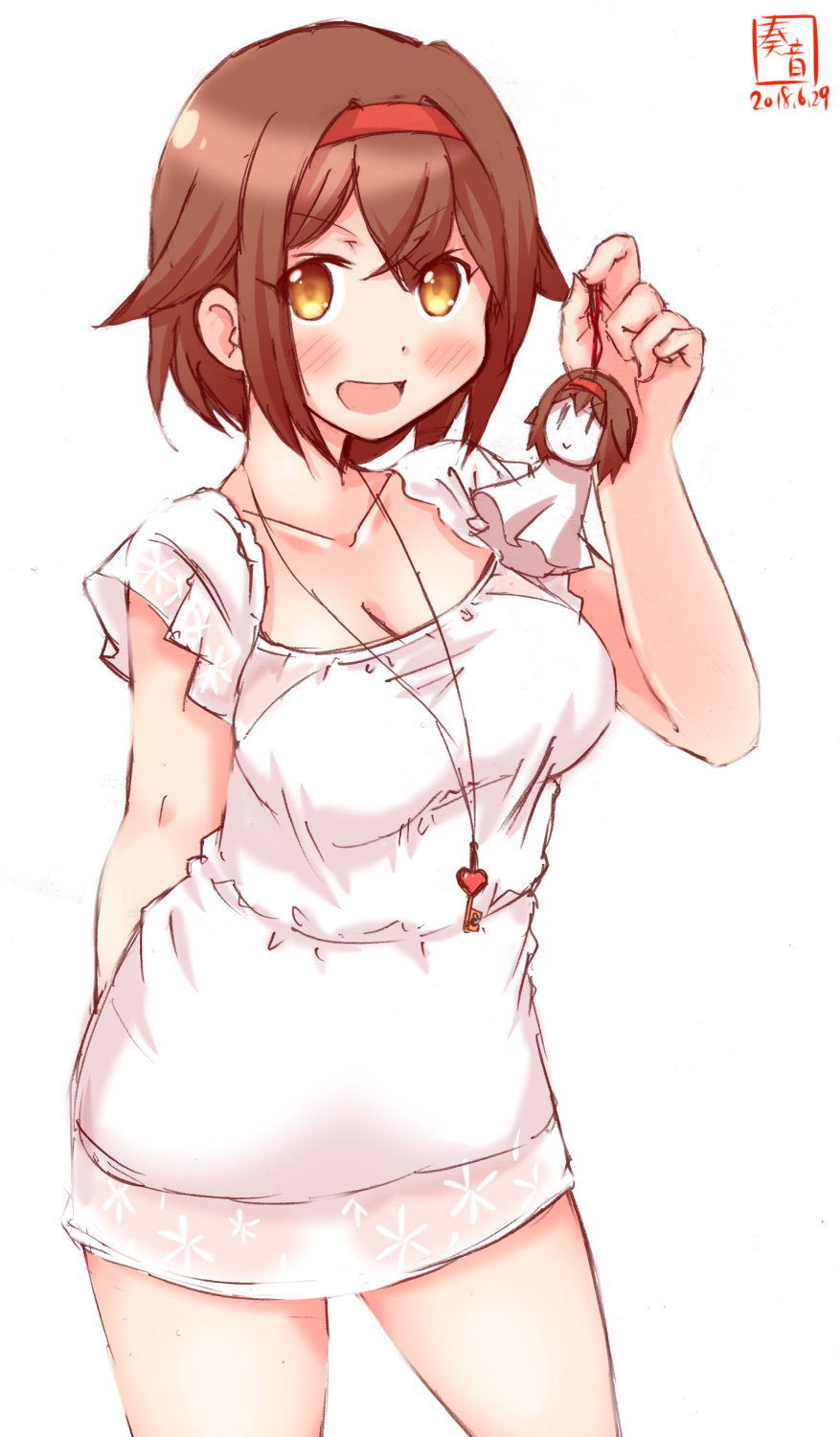 1girl artist_logo black_serafuku blouse blush breasts brown_eyes brown_hair casual cleavage commentary_request cowboy_shot dated hairband highres kanon_(kurogane_knights) kantai_collection key looking_at_viewer medium_breasts miniskirt open_mouth red_hairband school_uniform serafuku shiratsuyu_(kantai_collection) short_hair simple_background skirt smile solo teruterubouzu white_background white_blouse white_skirt