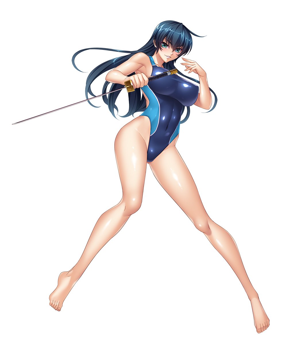 1girl bangs bare_legs bare_shoulders barefoot blue_hair breasts closed_mouth covered_navel curvy erect_nipples female fingernails full_body green_eyes highres holding holding_sword holding_weapon igawa_asagi kagami_hirotaka large_breasts lilith-soft long_hair looking_at_viewer official_art one-piece_swimsuit parted_lips reverse_grip shiny shiny_clothes shiny_skin simple_background solo swimsuit sword taimanin_(series) taimanin_asagi taimanin_asagi_zero thighs weapon white_background