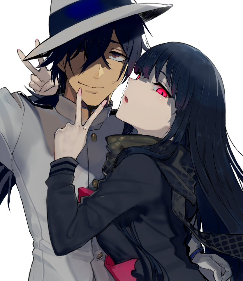 1boy 1girl black_dress black_hair brown_eyes commentary_request double_v dress epaulettes fate/grand_order fate_(series) fedora gloves grin hair_over_one_eye hat jacket long_hair long_sleeves looking_at_viewer military military_uniform nail_polish open_mouth oryuu_(fate) pink_nails red_eyes sakamoto_ryouma_(fate) scarf smile sweatdrop uniform v walzrj white_gloves