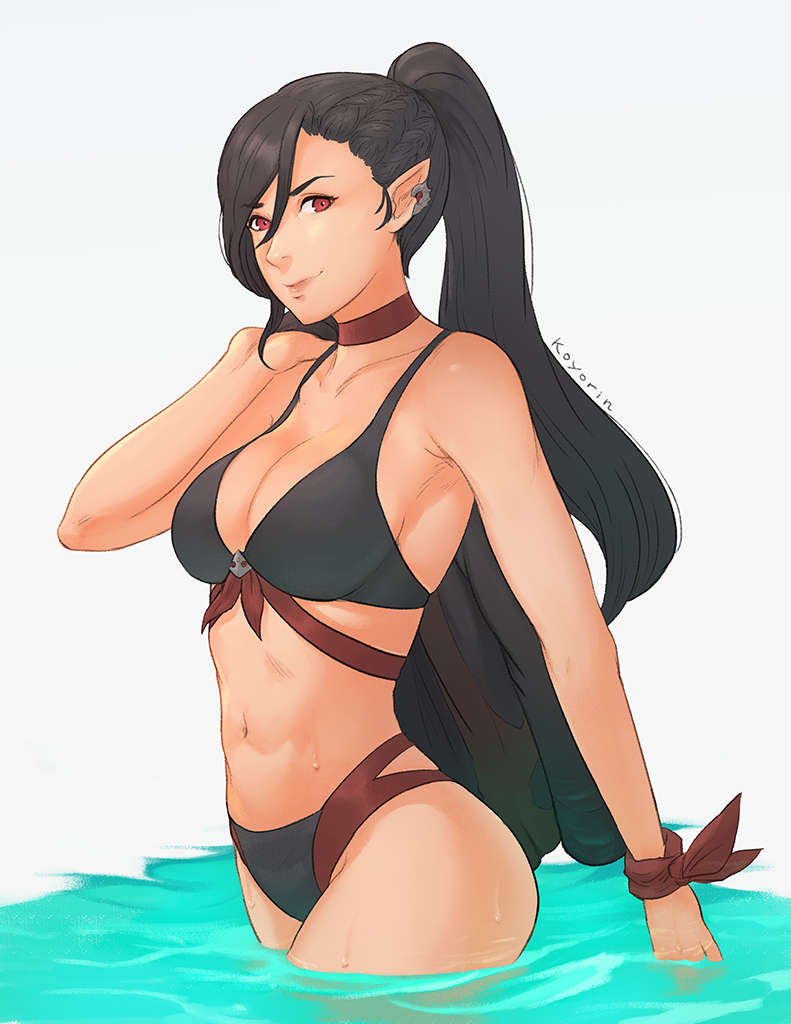 1girl artist_name bikini black_bikini breasts choker cleavage coat coat_removed earrings elezen elf eyebrows_visible_through_hair final_fantasy final_fantasy_xiv hilda_(ff14) hybrid jewelry koyorin large_breasts looking_at_viewer partially_submerged pointy_ears ponytail red_eyes smile solo standing swimsuit water