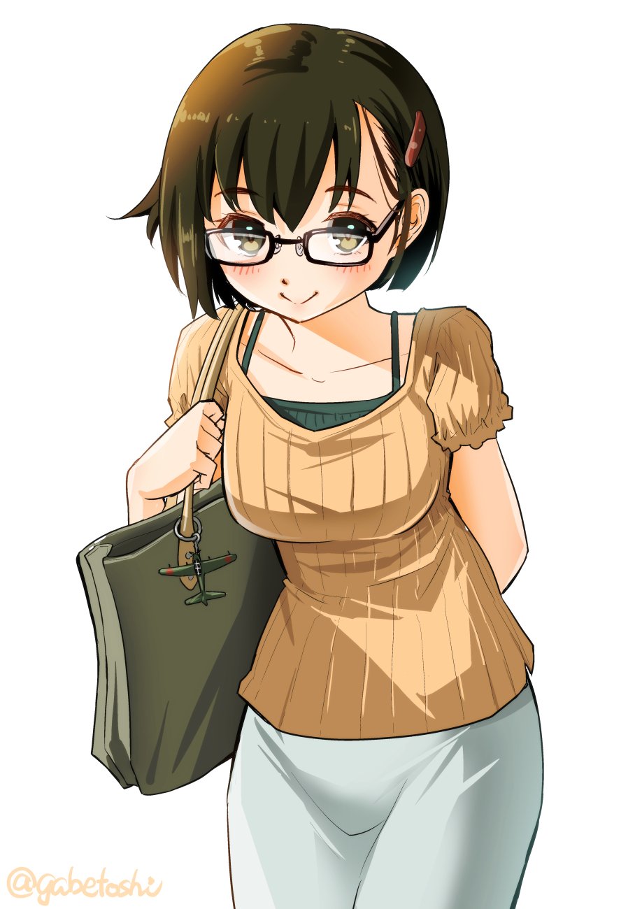1girl adapted_costume alternate_costume bag bespectacled brown_eyes brown_hair commentary_request cowboy_shot glasses hair_ornament hairclip handbag highres hiryuu_(kantai_collection) kantai_collection leaning_forward long_skirt orange_shirt shirt short_hair simple_background skirt smile sogabe_toshinori solo white_background white_skirt