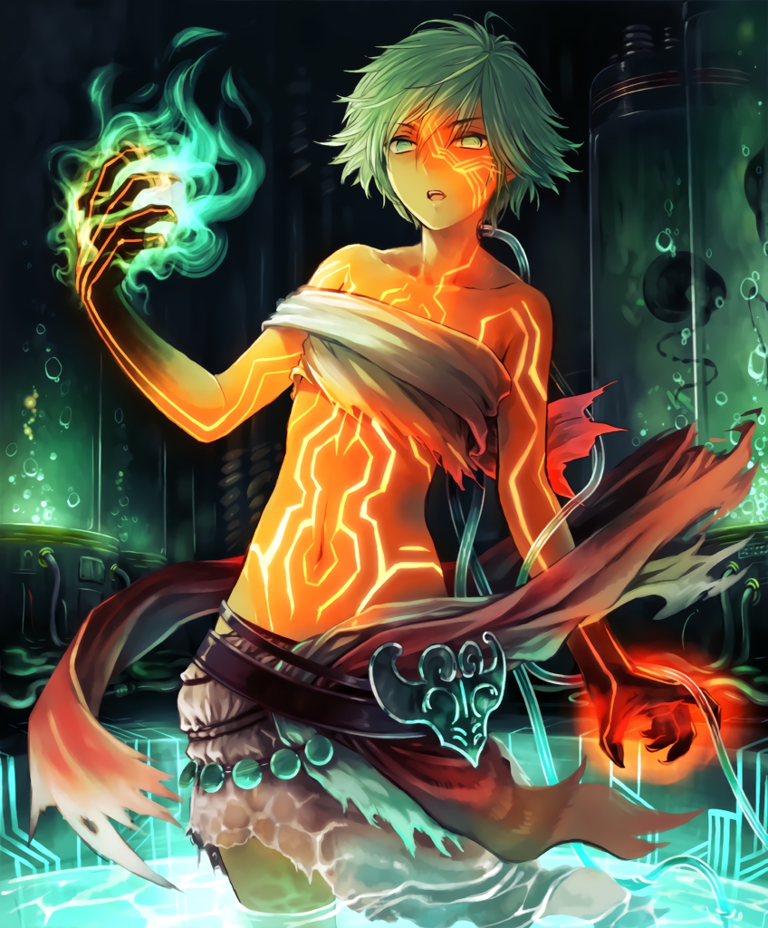 1girl artist_request black_skin breasts cygames dark_skin enkidu_(shadowverse) eyebrows_visible_through_hair fingernails full_body_tattoo glowing_tattoo green_eyes green_hair looking_at_viewer multicolored multicolored_skin navel official_art open_mouth partially_submerged shadowverse sharp_fingernails short_hair small_breasts solo stasis_tank tattoo