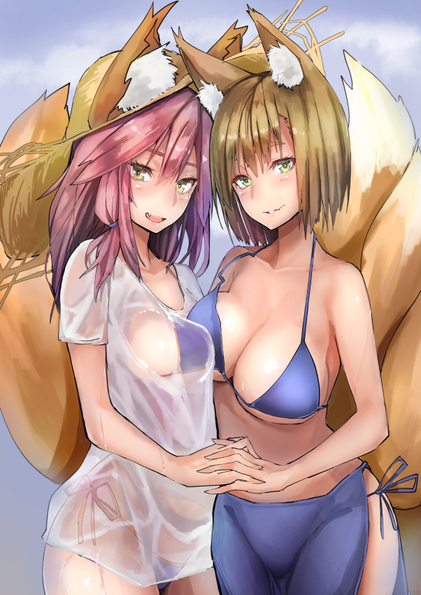 2girls alternate_costume animal_ears bikini bikini_under_clothes blonde_hair blue_bikini blush breast_press breasts collarbone cowboy_shot ears_through_headwear fate/grand_order fate_(series) fox_ears fox_tail hand_holding hat large_breasts long_hair looking_at_viewer masuo midriff multiple_girls multiple_tails open_mouth pink_hair sarong see-through shirt short_hair side-tie_bikini straw_hat sun_hat swimsuit symmetrical_docking tail tamamo_(fate)_(all) tamamo_no_mae_(fate) tamamo_no_mae_(swimsuit_lancer)_(fate) touhou wet wet_clothes wet_shirt wet_t-shirt yakumo_ran yellow_eyes