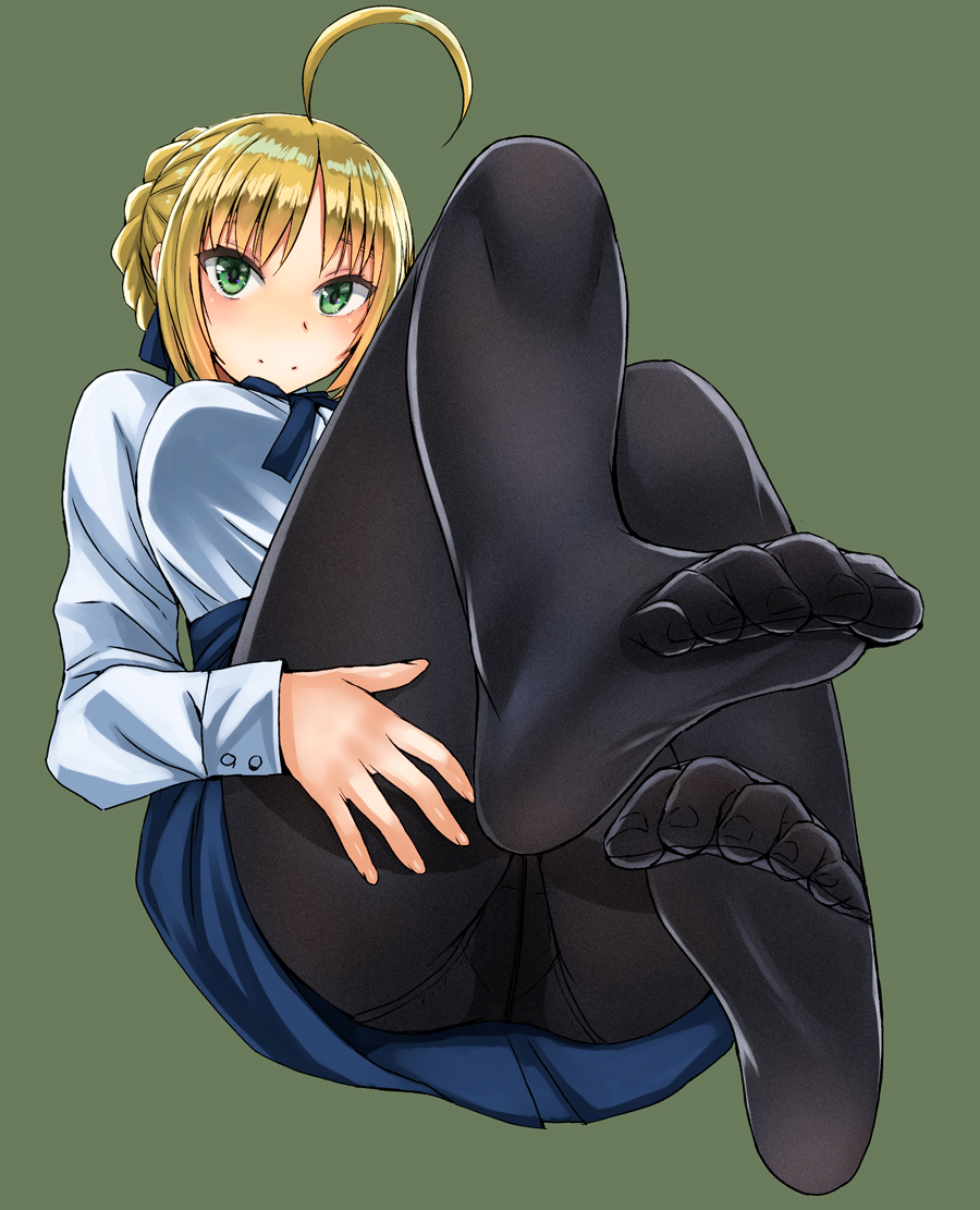 1girl ahoge artoria_pendragon_(all) ass bangs black_legwear black_panties blonde_hair blush breasts closed_mouth commentary_request crotch_seam fate/stay_night fate_(series) feet full_body green_background green_eyes hair_ornament hand_on_own_thigh kokuryuugan legs legs_up long_sleeves looking_at_viewer medium_breasts no_shoes panties panties_under_pantyhose pantyhose parted_bangs saber shiny shiny_hair shirt short_hair simple_background smile soles solo thighband_pantyhose toe_scrunch toes underwear upskirt white_shirt