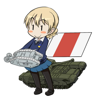 1girl blonde_hair chibi churchill_(tank) darjeeling girls_und_panzer ground_vehicle lowres mark_i_tank military military_vehicle motor_vehicle pantyhose smile st._gloriana's_school_uniform takanaga_kouhei tank white_background