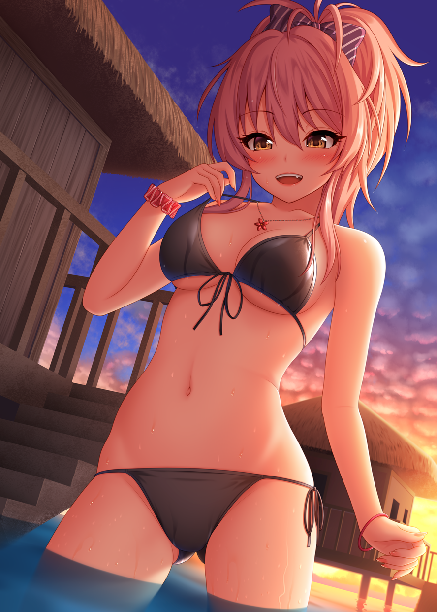 1girl :d bangs bare_shoulders bikini bikini_tug black_bikini blue_sky blush bow bracelet breasts cleavage clouds cloudy_sky collarbone evening eyebrows_visible_through_hair eyelashes fang front-tie_top hair_bow hand_up highres hips idolmaster idolmaster_cinderella_girls jewelry jougasaki_mika long_hair looking_at_viewer medium_breasts nail_polish navel nazu-na necklace open_mouth outdoors pink_hair ponytail purple_bow scrunchie side-tie_bikini sidelocks sky smile solo standing stomach striped striped_bow sunset swimsuit teeth thighs twilight wading waist water wet wrist_scrunchie yellow_eyes