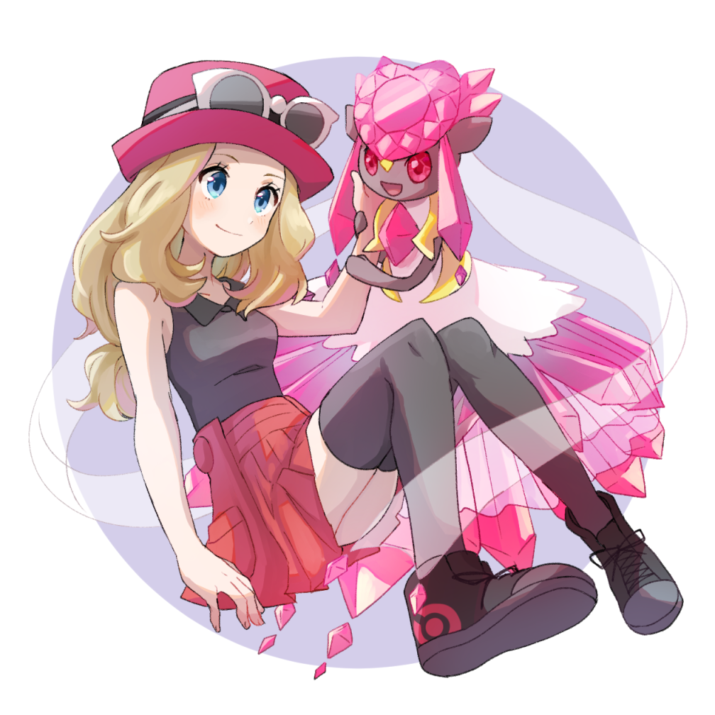 1girl ass bangs black_legwear blonde_hair blue_eyes blush breasts diancie floating_hair hat legendary_pokemon long_hair medium_breasts miu_(miuuu_721) pink_hat pleated_skirt pokemon pokemon_(game) red_skirt skirt